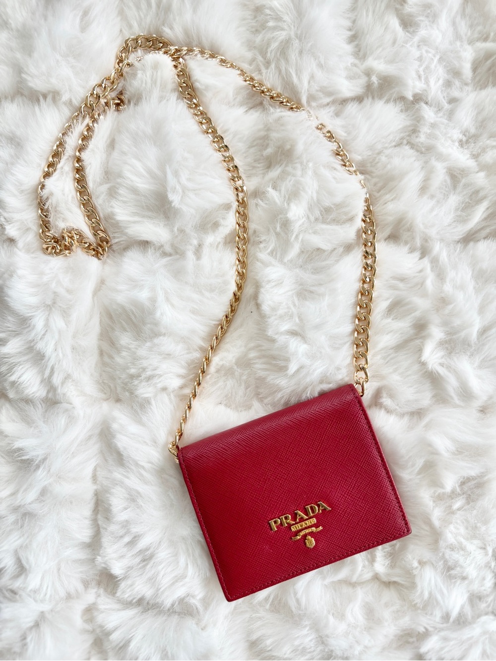 Authentic Prada Mini Red Saffiano Wallet w/ Gold Chain